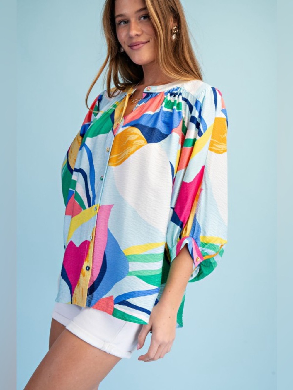 Colorful Abstract Button-Front Blouse - Picture 5 of 7